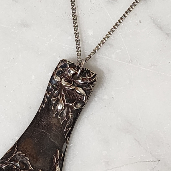 Flower Spoon Pendant Necklace Artisan Silver Plated Chain 18" Handmade Drop Bead - Picture 4 of 7